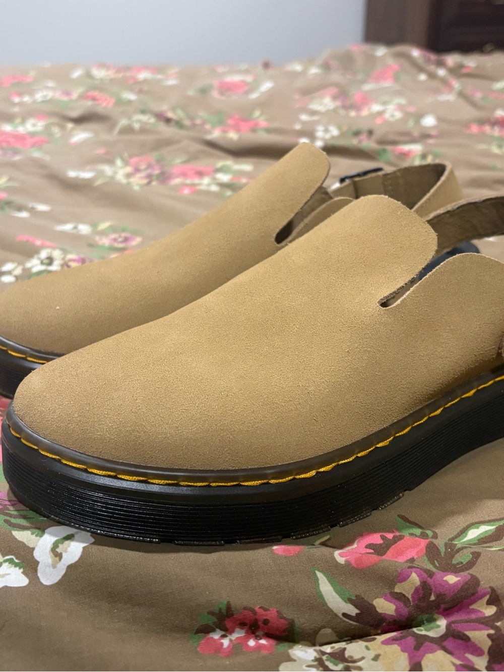 Dr. Martens Taupe Suede Slip-On Loafers with Yellow Stitching